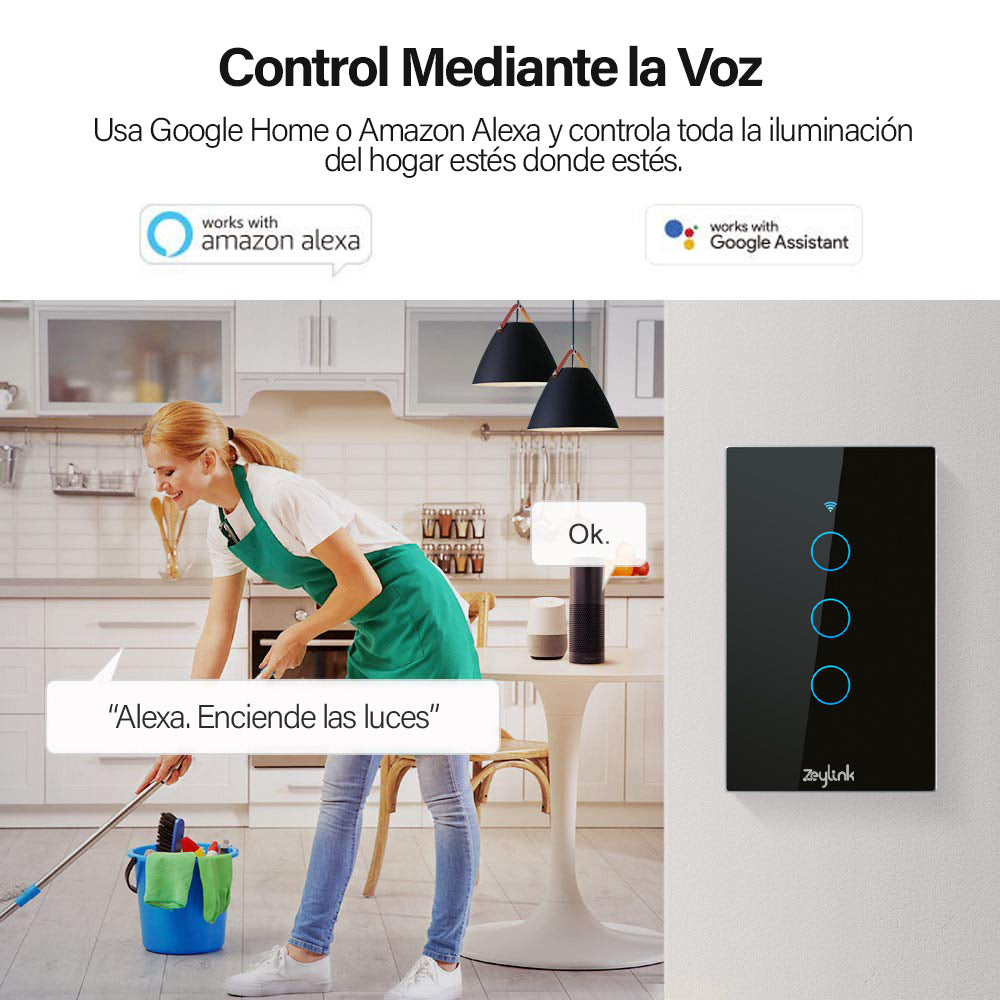 Llave Luz Pared Interruptor Wifi Touch Smart Negro 3 Canales